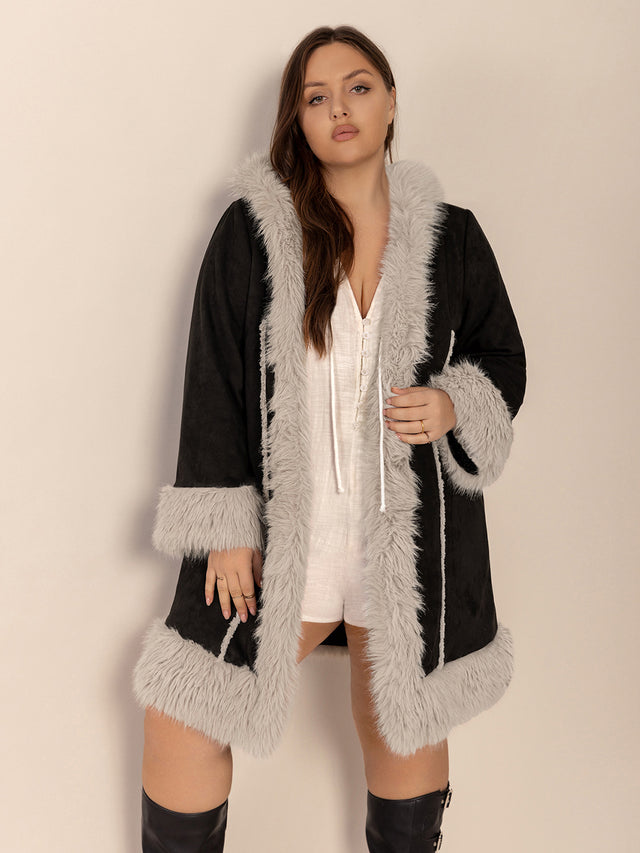 Plus Size Fuzzy Trim Open Front Long Sleeve Hooded Coat Trendsi Hanalas