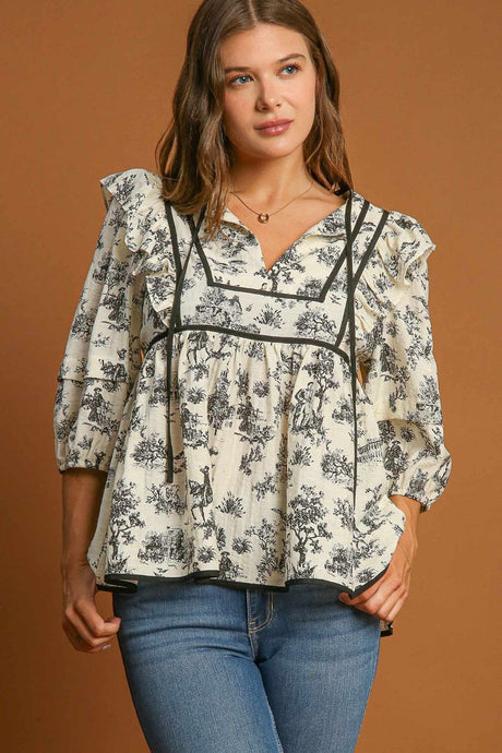 Umgee Ruffled Tie Neck Puff Sleeve Babydoll Blouse | Hanalas