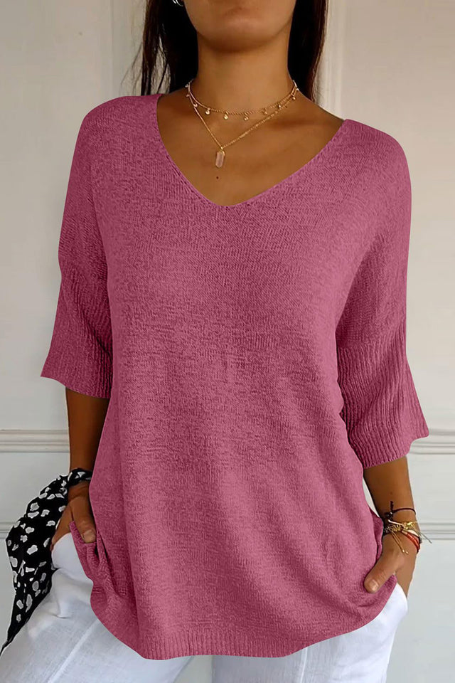 V-Neck Three-Quarter Sleeve Knit Top | Hanalas