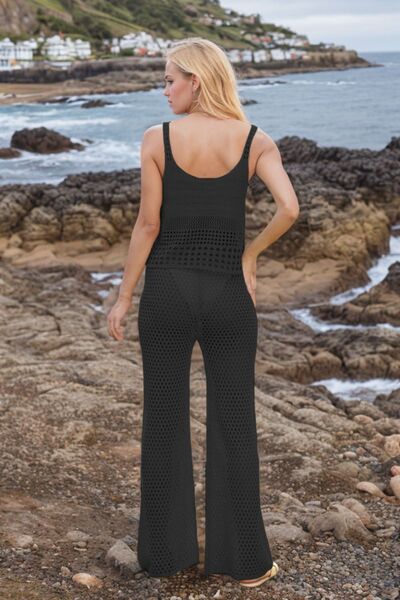 Hollow Out Round Neck Top and Pants Sweater Cover Up Set | Hanalas