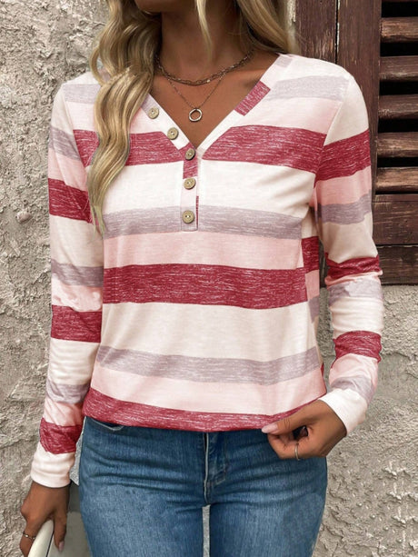 Contrast Striped V-Neck Long Sleeve T-Shirt | Hanalas