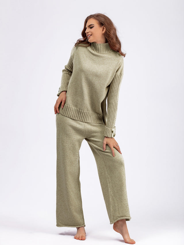 Basic Bae High- Low Turtleneck Long Sleeve Top and Pants Sweater Set Trendsi Hanalas