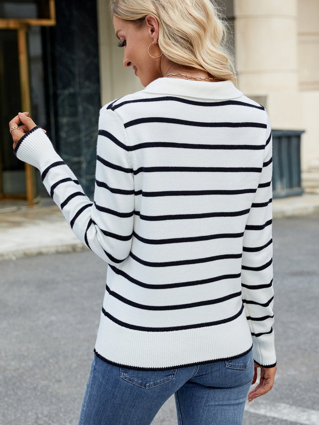 Striped Johnny Collar Long Sleeve Sweater | Hanalas