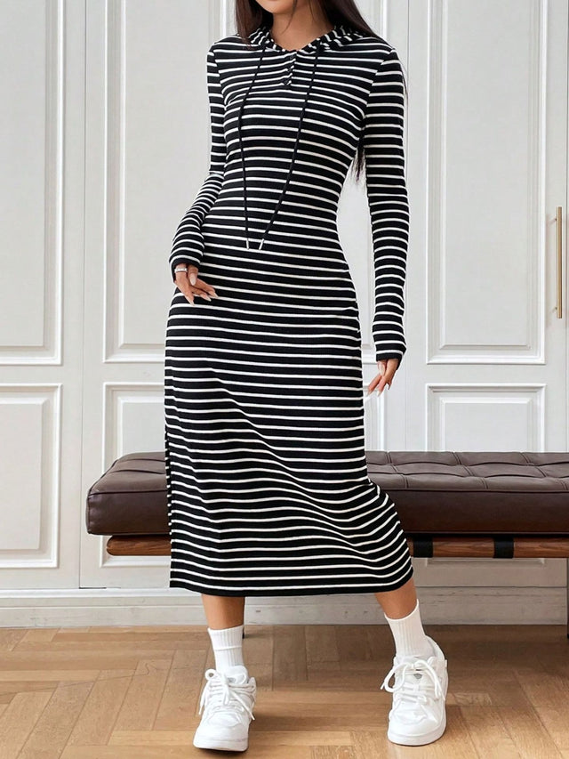 Drawstring Striped Long Sleeve Hooded Dress Trendsi Hanalas