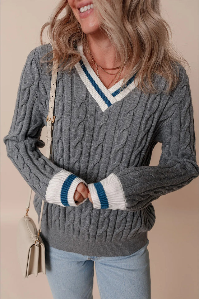 Cable-Knit V-Neck Long Sleeve Sweater Trendsi Hanalas