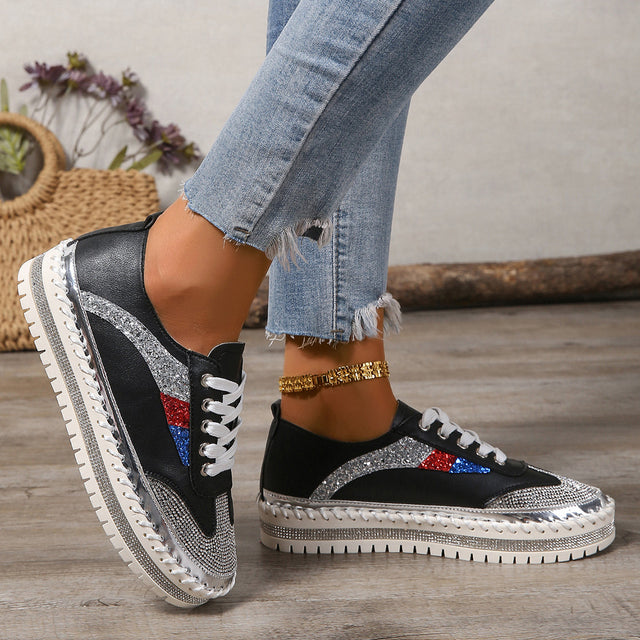 Rhinestone Lace Up Round Toe Platform Sneakers | Hanalas