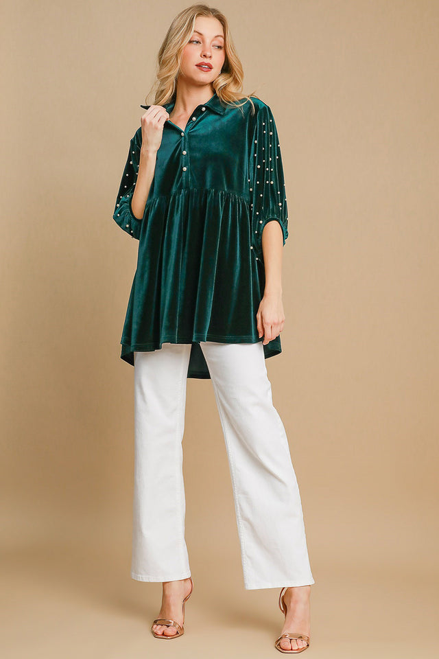 Umgee Pearl Detail Half Sleeve Velvet Babydoll Blouse | Hanalas