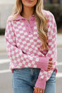 Checkered Collared Neck Long Sleeve Sweater | Hanalas