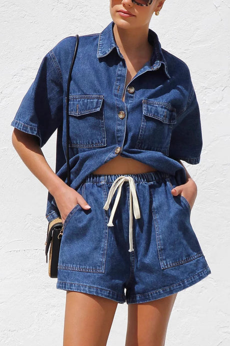 Collared Neck Button Up Top and Shorts Denim Set | Hanalas