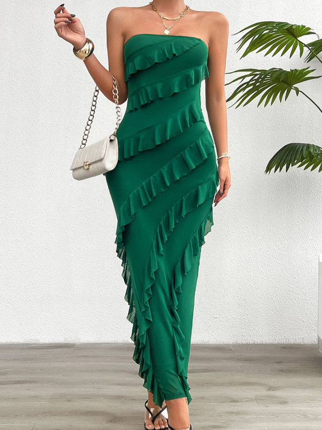 Devine Ruffled Slit Back Tube Maxi Dress | Hanalas