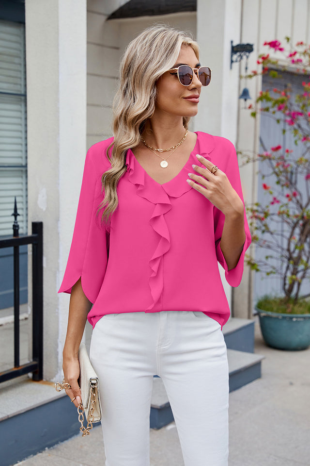 Ruffled V-Neck Three-Quarter Sleeve Blouse | Hanalas