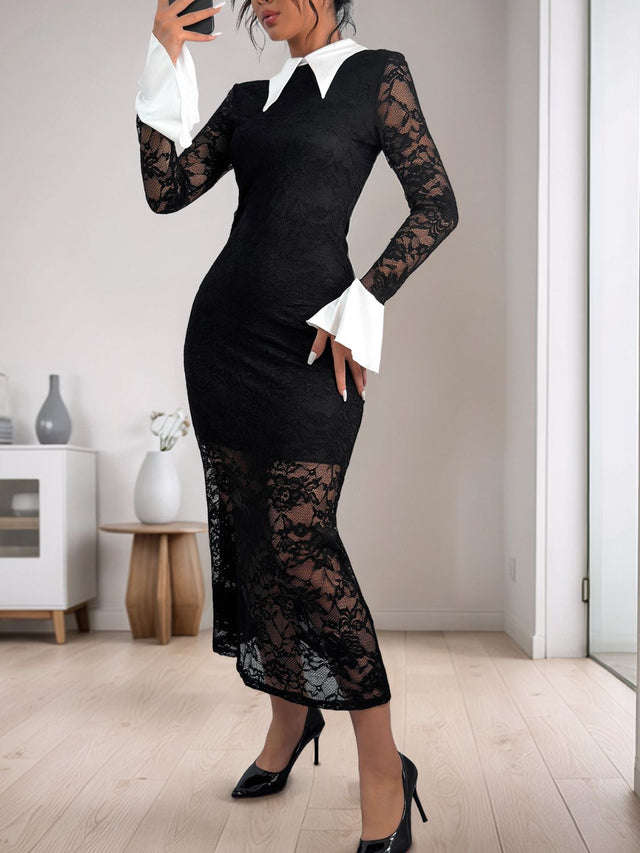 Perfee Lace Contrast Collared Neck Long Sleeve Midi Dress | Hanalas