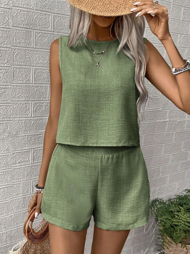 Round Neck Sleeveless Top and Shorts Set | Hanalas