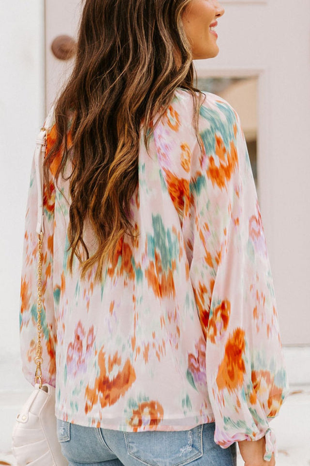 Printed Tie Neck Long Sleeve Blouse | Hanalas