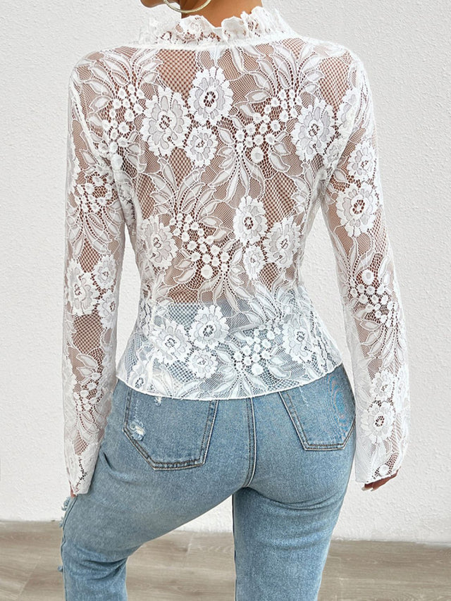 Tied V-Neck Long Sleeve Lace Top | Hanalas