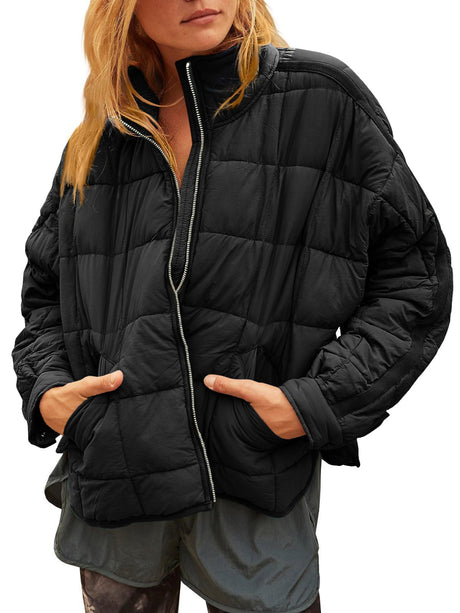 Pocketed Plaid Quilted Zip Up Winter Coat | Hanalas