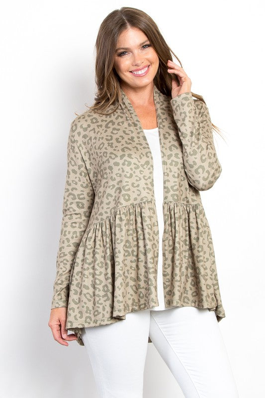 Be Stage Full Size Peplum Leopard Open Front Long Sleeve Cardigan | Hanalas