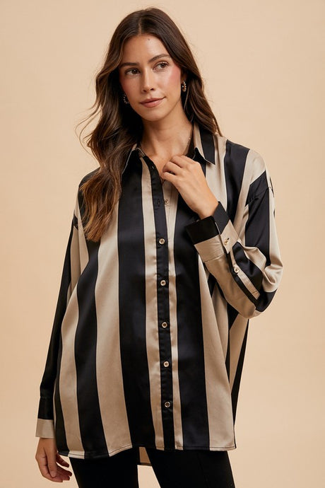 Annie Wear Striped Dropped Shoulder Button Up Shirt | Hanalas