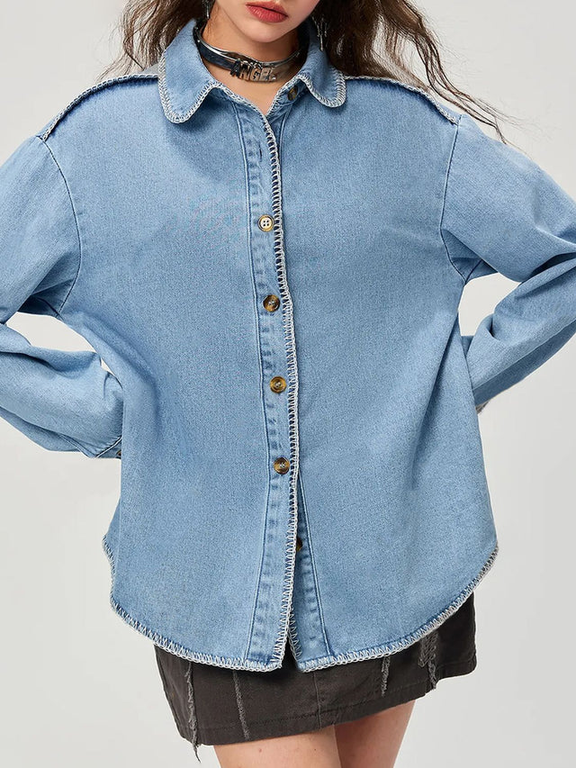 Button Up Collared Neck Denim Top | Hanalas