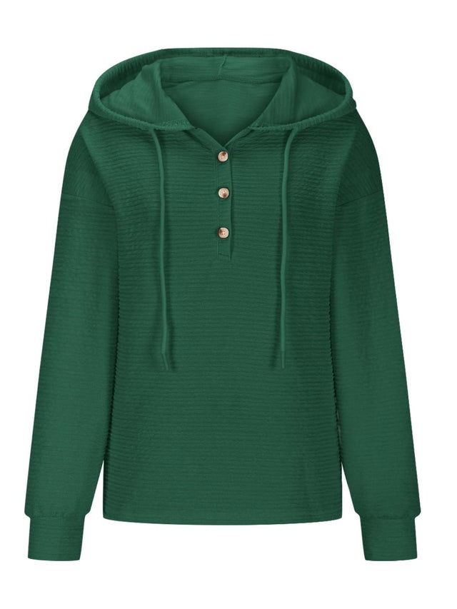 Drawstring Quarter Button Long Sleeve Hoodie | Hanalas