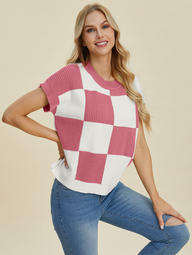 Double Take Full Size Checkered Round Neck Short Sleeve Sweater Trendsi Hanalas