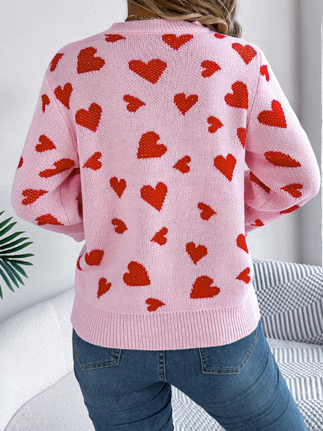 Heart Round Neck Long Sleeve Sweater | Hanalas