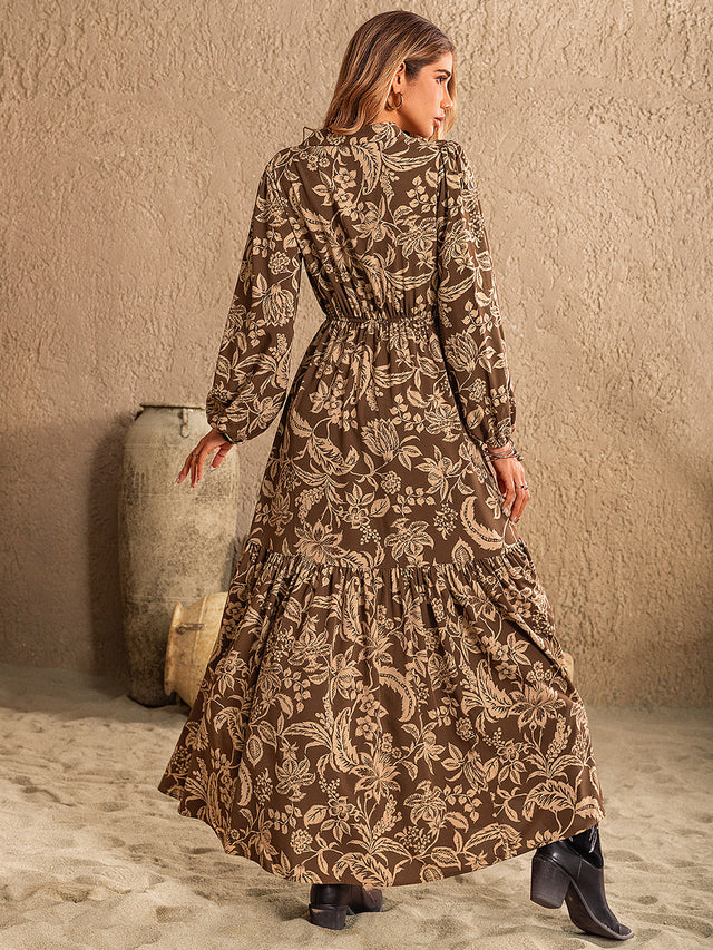 Ruched Printed Notched Long Sleeve Maxi Dress Trendsi Hanalas