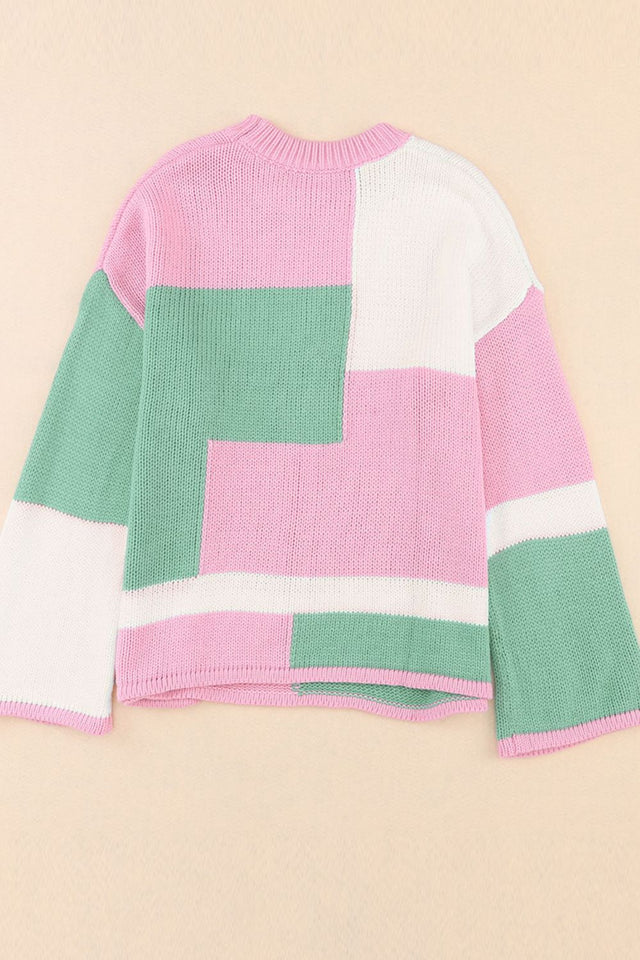 Color Block Round Neck Drop Shoulder Sweater | Hanalas