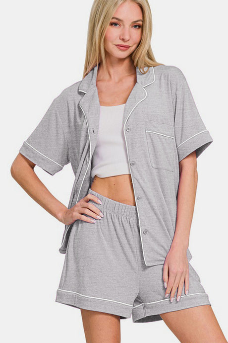 Zenana Button Down Short Sleeve Top and Shorts Lounge Set | Hanalas