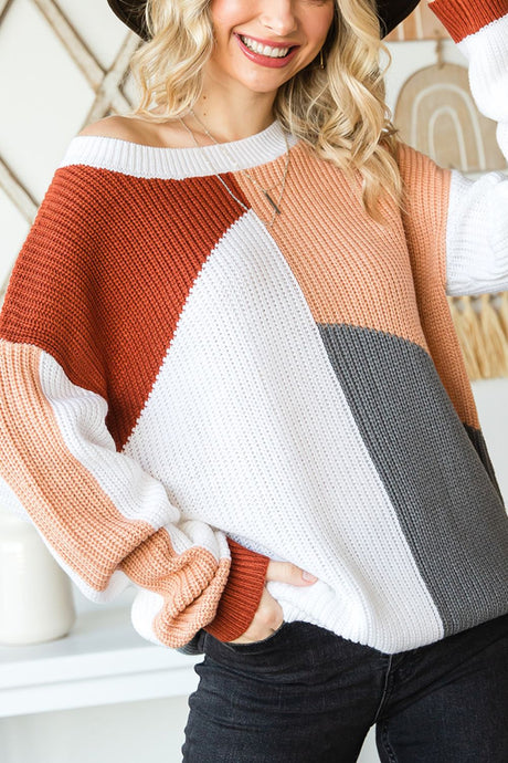 Color Block Drop Shoulder Long Sleeve Sweater | Hanalas