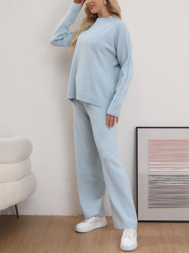 Mock Neck Long Sleeve Top and Pants Sweater Set | Hanalas