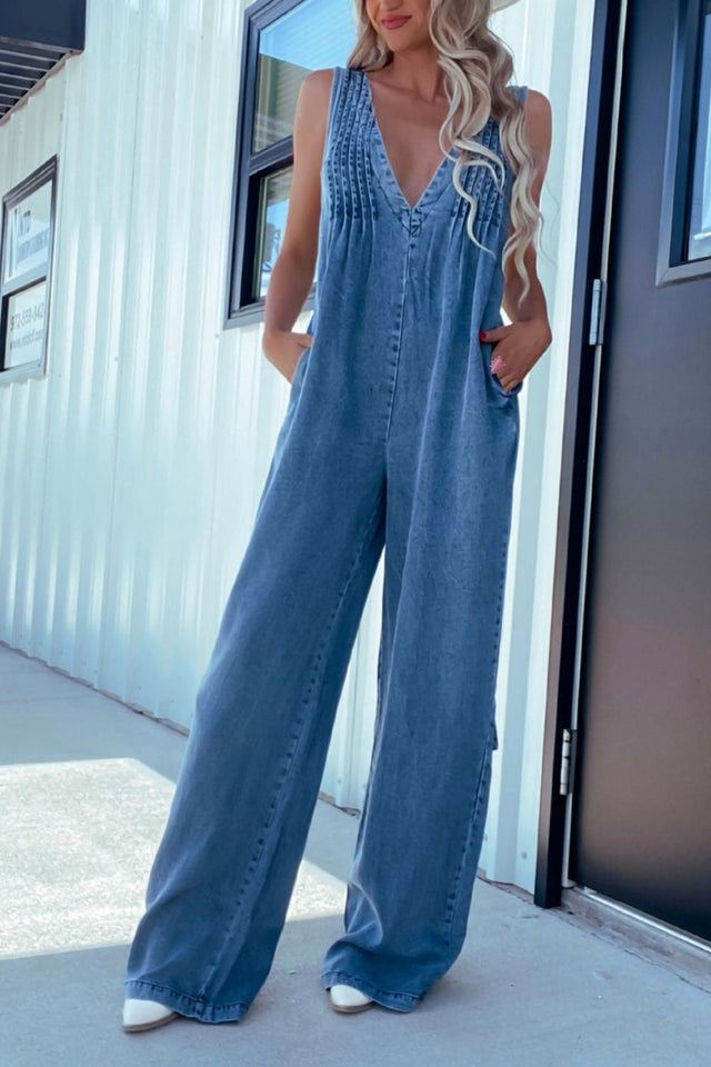 V-Neck Wide Leg Denim Jumpsuit | Hanalas