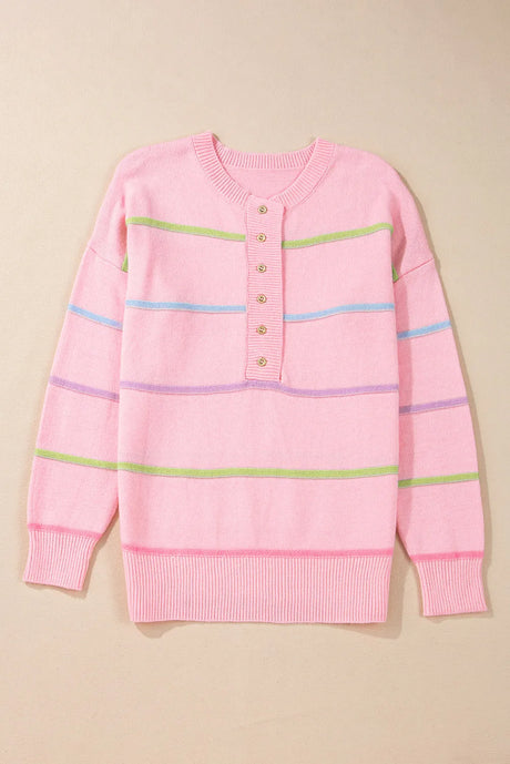 Contrast Striped Half Button Round Neck Sweater