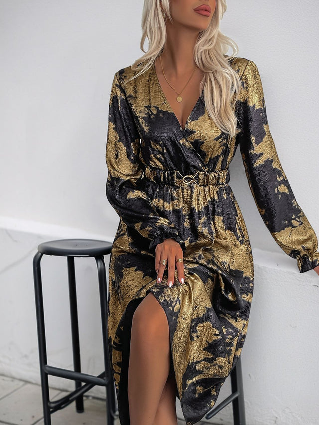 Perfee Printed Surplice Long Sleeve Midi Dress