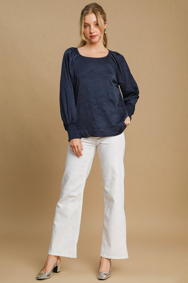 Umgee Wrinkled Round Neck Lantern Sleeve Blouse | Hanalas