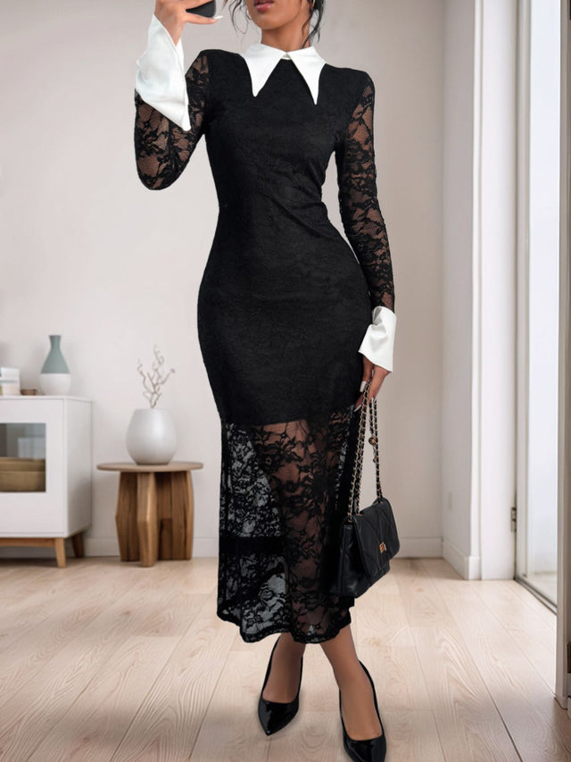 Perfee Lace Contrast Collared Neck Long Sleeve Midi Dress | Hanalas