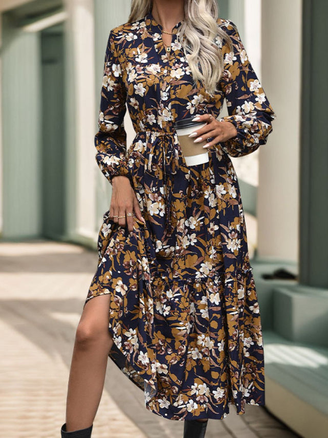 Perfee Printed Notched Long Sleeve Midi Dress