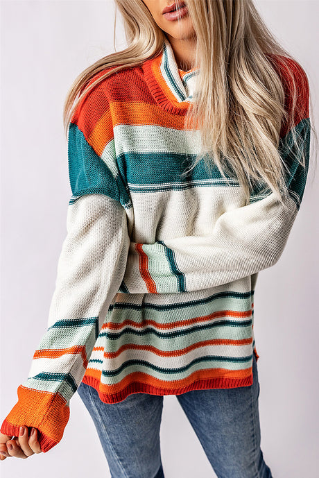 Contrast Striped Turtleneck Dropped Shoulder Sweater | Hanalas