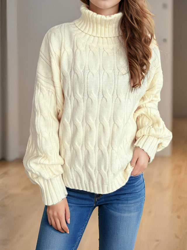 Cable-Knit Turtleneck Long Sleeve Sweater Trendsi Hanalas