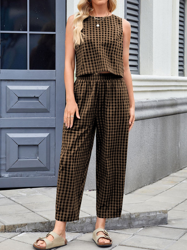 Lovelet Plaid Round Neck Sleeveless Top and Pants Set | Hanalas