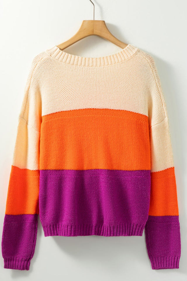 Color Block Drop Shoulder Round Neck Sweater | Hanalas