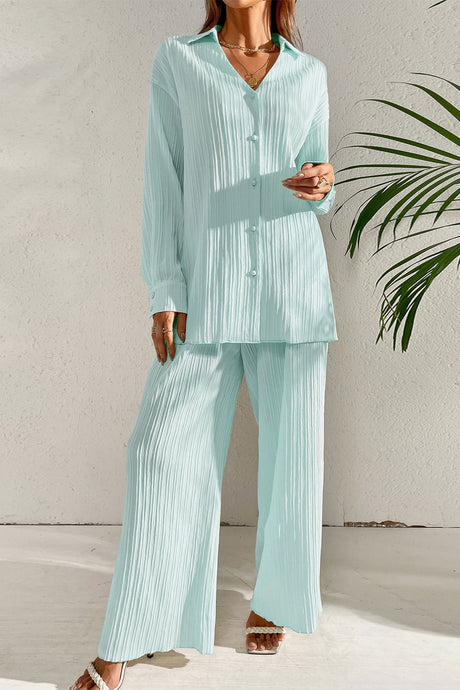 Johnny Collar Button Down Top and Pants Set | Hanalas