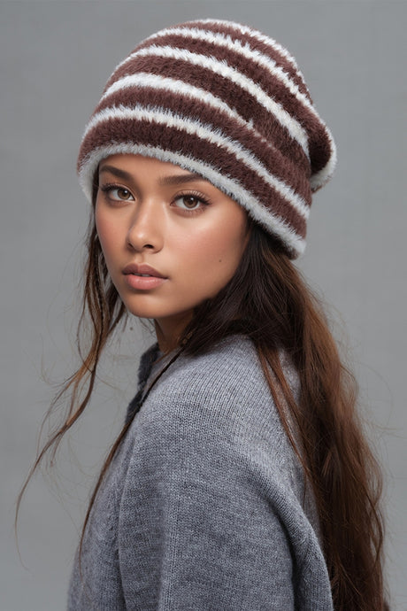 Fuzzy Contrast Striped Thermal Hat | Hanalas