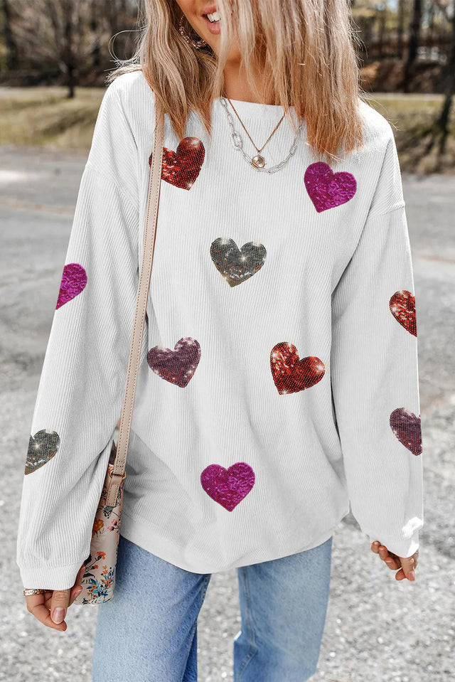 Valentine’s Day Sequin Heart Round Neck Long Sleeve Sweatshirt | Hanalas