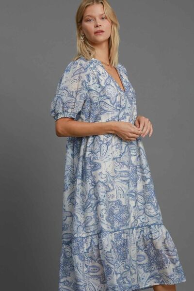Umgee Full Size Printed Puff Short Sleeve Midi Dress Plus Size | Hanalas