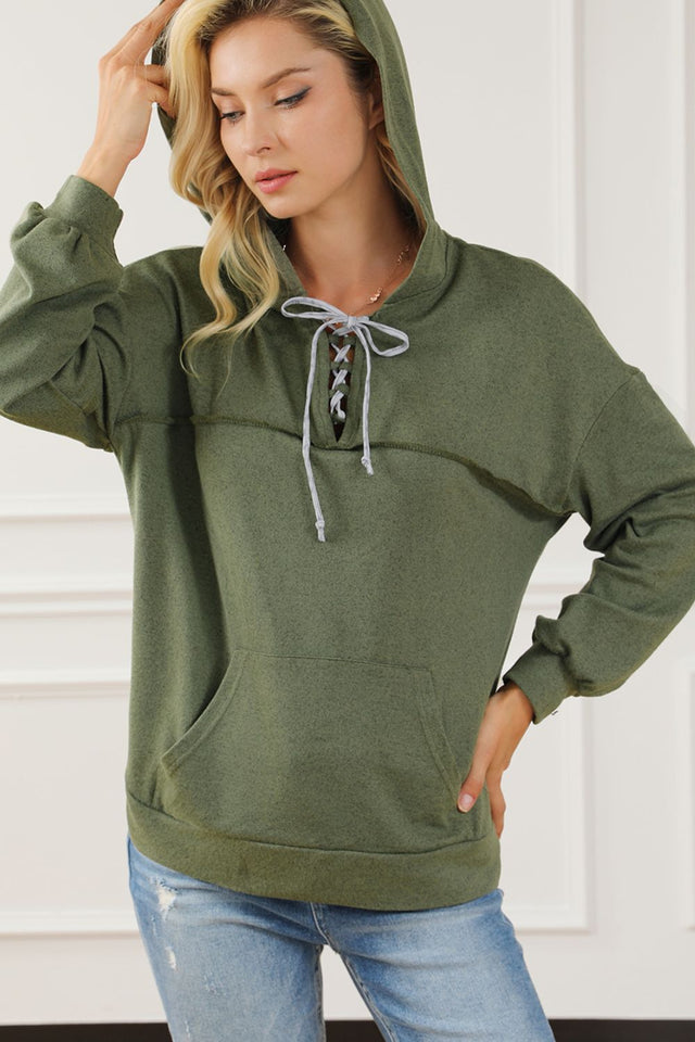 Lace Up Drop Shoulder Long Sleeve Hoodie | Hanalas