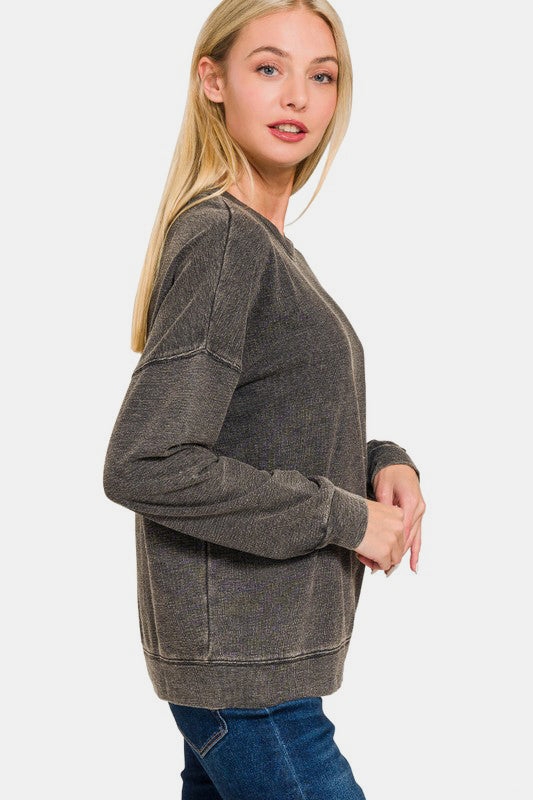 Zenana Washed Round Neck Dropped Shoulder Sweatshirt | Hanalas