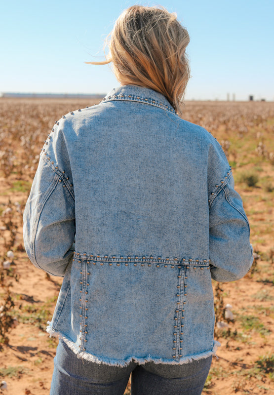 Studded Acid Wash Long Sleeve Denim Jacket | Hanalas