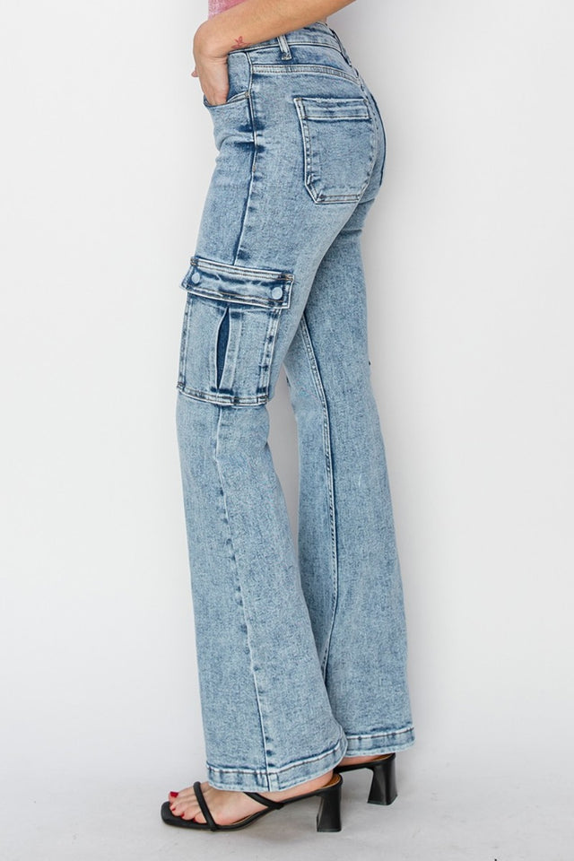 RISEN Full Size High Rise Cargo Flare Jeans | Hanalas