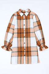 Khaki Western Plaid Button Up Loose Shirt Dress